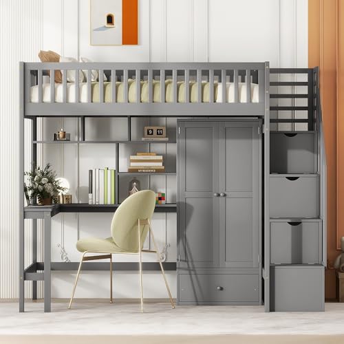 Twin Loft Bed with Storage, Desk, and Wardrobe by Harper & Bright Designs - Grey Solid Wood Frame - WoodArtSupply