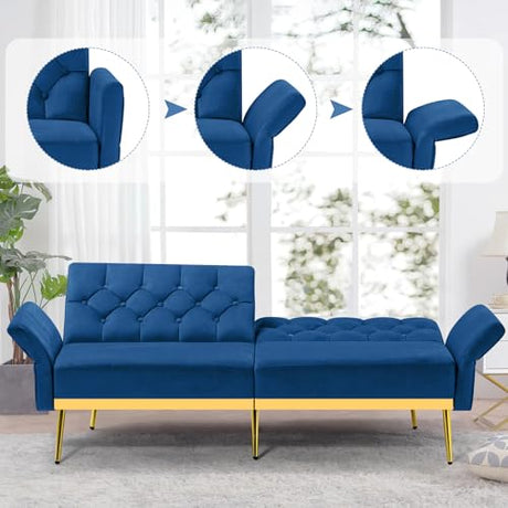 ACMEASE Velvet Futon Sofa Bed w/Adjustable Armrests & Backrests, Button Tufted Sleeper Couch, Modern Convertible Loveseat Sofa for Bedroom, Living Room, Apartment, Blue ACMEASE