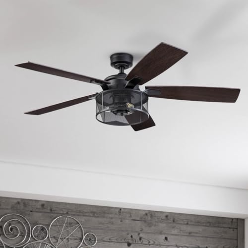 Honeywell Ceiling Fans Carnegie Industrial 52 Inch Ceiling Fan with Light, Remote Control Fan, LED Indoor Fan with 5 Blades, Gray Pine and Brown Chestnut Blade Finish Options, Matte Black (50614-01) Honeywell