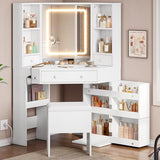 BTHFST Corner Vanity Desk with Lights and Charging Station, Makeup Vanity with Lights, Vanity Set with Mirror and Storage Stool, Makeup Table with Drawers, Rotating Shelves, White BTHFST