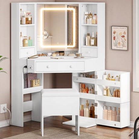 BTHFST Corner Vanity Desk with Lights and Charging Station, Makeup Vanity with Lights, Vanity Set with Mirror and Storage Stool, Makeup Table with Drawers, Rotating Shelves, White BTHFST