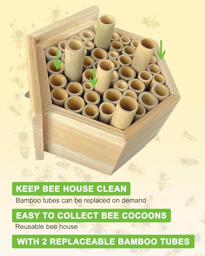vensovo Mason Bee House - Replaceable Tubes Carpenter Bee Houses Bamboo Bee Hotel Wooden Bee Hive for Pollinating Bees, The Garden Gift, Outdoors, Carpenter Bees vensovo