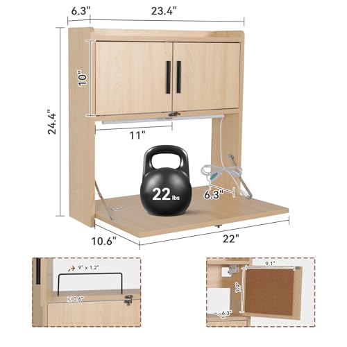 ARTETHYS Wall Mounted Desk with LED Light Multifunctional Fold Down Laptop Computer Table Writing Workstation with Storage Compartments Space Saving for Home Office Wood Color