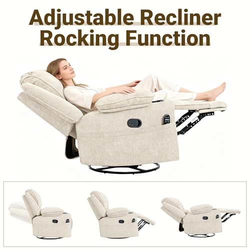 Culect 360° Swivel Rocker Recliner Multi-Functional Nursing Chair with Heating and Massage, Manual Recliner Chair with Cup Holders, Lazyboy Recliner Chair for Living Room and Bedroom, Beige Chenille