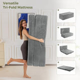 MAXYOYO Folding Mattress with Handles, 6 Inch Tri-Fold Mattress Floor Sofa Bed, Soft Faux Fur Folding Bed with Supportive Foam Filling, Portable Guest Couch for Sleeping, Full, Grey MAXYOYO