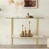 LumFurn Glass Console Table for Living Room, Foyer & Entrance, 2-Tiers Mid-Century Modern Sofa Table with Clear Glass Top, White Marble Finish Wood Shelf and Gold Finish Frame LumFurn