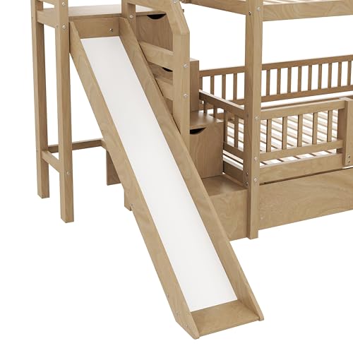 RUNNA Twin Over Twin Bunk Bed with Slide, Storage Drawers & Staircase, Solid Pine Wood Frame, No Box Spring Needed, Kids Bedroom Space-Saving Furniture (01-Walnut) RUNNA