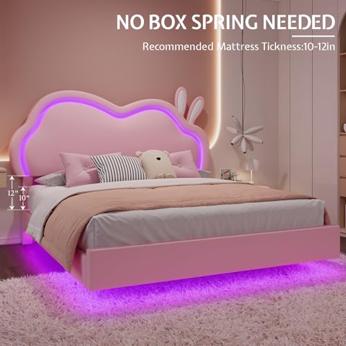 AMERLIFE Floating Queen Bed Frame with Adjustable RGB LED Headboard, Leather Upholstered Platform Bed for Kids/Girls,Wood Slats Support, No Box Spring Needed, Easy Assembly, Pink AMERLIFE