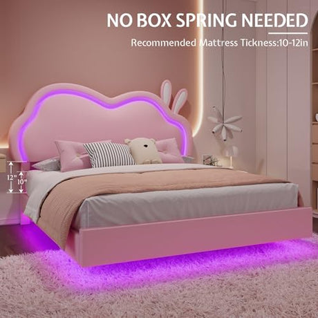 AMERLIFE Floating Queen Bed Frame with Adjustable RGB LED Headboard, Leather Upholstered Platform Bed for Kids/Girls,Wood Slats Support, No Box Spring Needed, Easy Assembly, Pink AMERLIFE