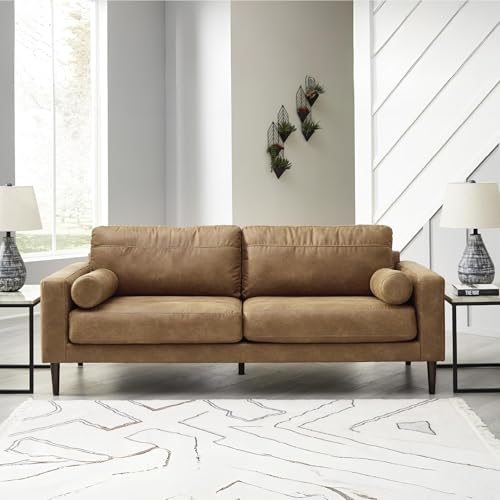 Signature Design by Ashley Telora Modern Faux Leather Sofa with 2 Bolster Pillows, Dark Brown Signature Design by Ashley