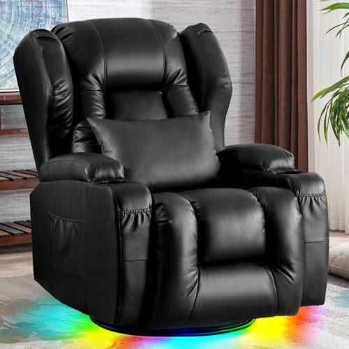 DRMBOOK Dual Motor Power Swivel Rocker Recliner Chairs, Electric Wall Hugger Reclining Sofa with Massage & Heat, Modern Theater Seating with LED/USB/Type-C Ports (Leather Black, Single Chair)