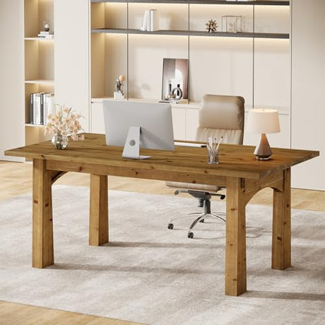 TRIBEWOOD Solid Wood Executive Desk, 63-Inch Computer Desk with Sturdy Wooden Legs, Farmhouse Workstations Writing Table Conference Table Business Furniture for Home Office TRIBEWOOD