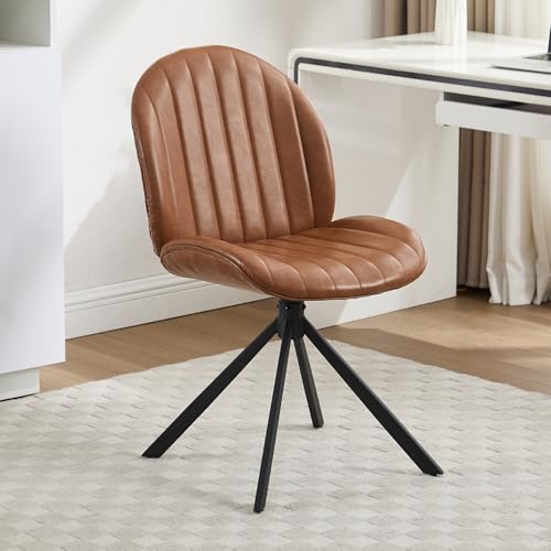 Relbiety 19" Faux Leather Swivel Office Chair No Wheels, Upholstered Armless Modern Desk Task Criss Cross Chair Legged No Wheels and No Arms, Swivel Vanity Chairs for Bedroom Office, Brown Relbiety