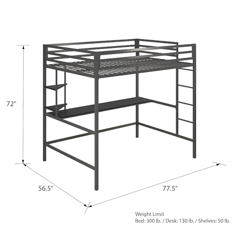 Novogratz Maxwell Grey/Black Metal Full Loft Bed with Integrated Desk & Shelves - WoodArtSupply