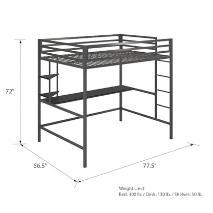 Novogratz Maxwell Grey/Black Metal Full Loft Bed with Integrated Desk & Shelves - WoodArtSupply