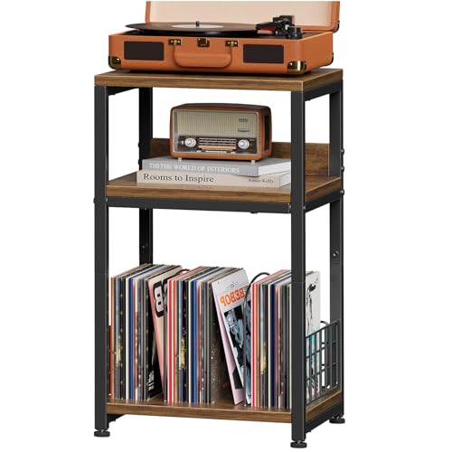 Simple Trending Record Player Stand, 3 Tiers Side Table, Compact Turntable Stand Record Table, Hold Up to 100 Albums, Rustic Brown Simple Trending