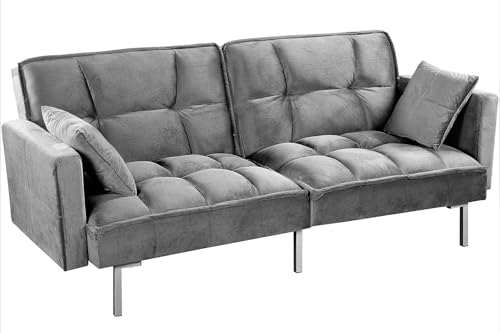 Container Furniture Direct Regal 75.6" Velvet Convertible Sofa Bed - Mid-Century Sleeper Couch w/Tufted Design & Metal Legs - Pull-Out Futon for Guests/Home (75.6" W x 34.6" D x 32" H), Grey Container Furniture Direct