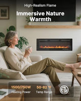 Electric Fireplace 50 Inch with 3 Remotes, Recessed or Wall Mounted Electric Fireplace Insert with 15 Flame Colors & 6 Adjustable Speeds, 1500/750W Linear Fireplace Heater, 12H Timer, Log & Crystal FODINGHILL