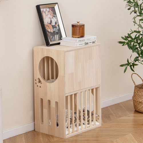 Tangkula 2-Tier Luxury Wood Cat House, Wooden Kitten Cage Condo with 2 Washable Plush Cushions, 2 Access Holes, Indoor Pet Playpen Cat Catio End Side Table Nightstand, Ventilated Cat Bed Furniture Tangkula