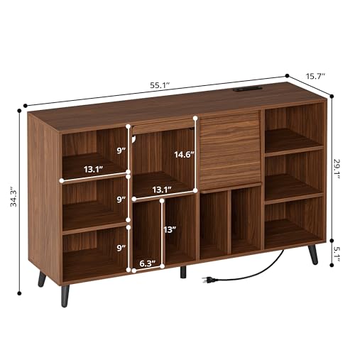 IRONCK Large Record Player Stand 55", Holds 600+ Vinyl Record Storage Cabinet with Charging Station, Mid Century Modern Turntable Stand for Living Room, Bedroom, Brown IRONCK