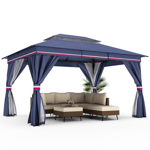LAUSAINT HOME Outdoor Patio Gazebo 10'x13' with Expansion Bolts, Heavy Duty Gazebos Shelter Party Tent with Double Roofs, Mosquito Nettings and Privacy Screens for Backyard, Garden, Lawn, Elegant Blue LAUSAINT HOME