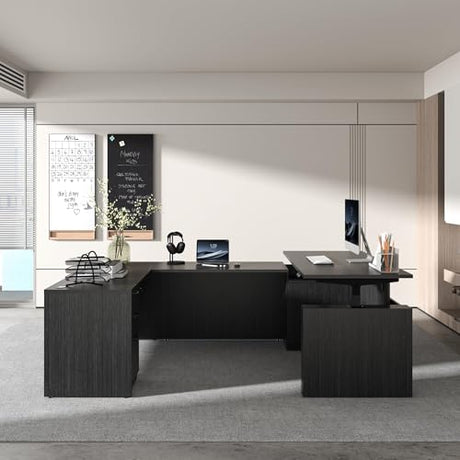 ALFA BUSINESS 100.4'' U Shaped Executive Standing Desk with Pre-Assembled Frame & Lockable Cabinets, Height Adjustable Desk Dual-Motor Sit-Stand Workstation for Corporate & Home Office (Grey-U) ALFA BUSINESS