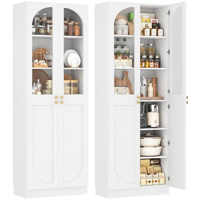 Cyclysio 80" Kitchen Pantry, Tall Arch Storage Cabinet with Tempered Glass Doors, Freestanding Wood Floor Cupboard Bookcase with Seamless Fit Wall for Dining Room, Living Room, Bathroom (White)