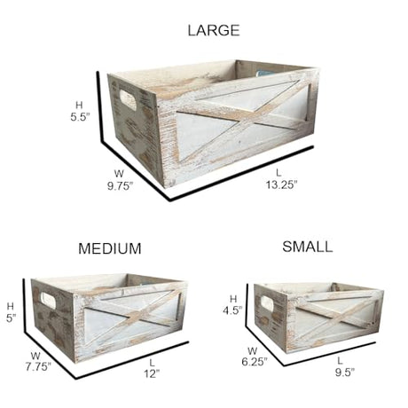 Admired By Nature Wooden Crates Storage Container, 3pc Farmhouse Style Decorative Baskets for Home Decor, Rustic Decor, Nesting Stackable Organizers, Distressed Wood Crates, Achromatic Barn Door White Admired By Nature