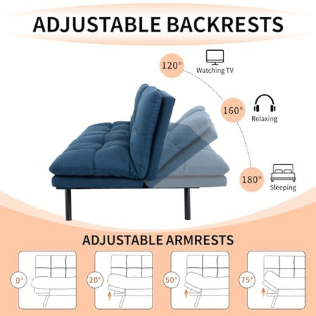 MUUEGM Futon Sofa Bed 71" Convertible Memory Foam Royal Blue Futon Couch Bed Modern Loveseat Sleeper with Adjustable Backrests Armrests for Living Room,Small Space,Office MUUEGM