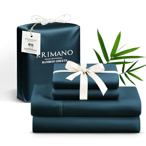 KRIMANO Full Size Sheet Set, Viscose Bamboo Sheets for Bed Set 4pcs, 100% Viscose Derived from Bamboo, Hotel Luxury Silky & Cooling for Hot Sleepers, Deep Pocket Up to 17", Navy Blue KRIMANO