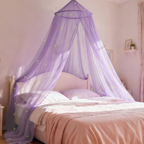 LionLively Purple Bed Canopy for Girls with Glow-in-The-Dark Stars, Princess Canopy Curtains Fits Single, Twin, Full, Queen Size Bed, Bedroom Accessories, Ceiling Tent LionLively