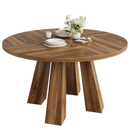 IDEALHOUSE 47" Round Dining Table for 4-6, Wood Kitchen Table with Sturdy Base, Farmhouse Circle Dinner Table for Dining Room, Living Room, 4 Strong Legs, Walnut IDEALHOUSE