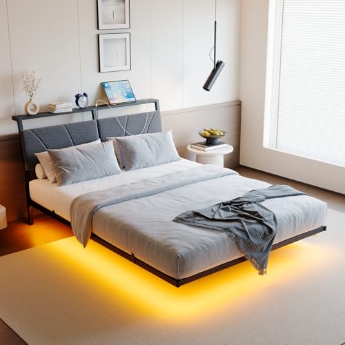 HOJINLINERO Floating Queen Bed Frame with Headboard&Storage Shelf,Ergonomic Queen Size Bed Frame with USB Charging& LED Lights,Platform Bed Frame Noise-Free Metal Slats | Modern Bedroom Design HOJINLINERO