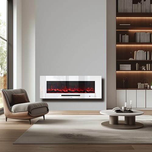 Dreamflame 50" Electric Fireplace, Recessed & Wall Mounted Fireplace Heater 13 * 13 Colors Flame &Fuel Bed w/5 Dimmer, Touchscreen &Remote Control Temp, Overheating Protect, Hardwired, 1500W, White Dreamflame