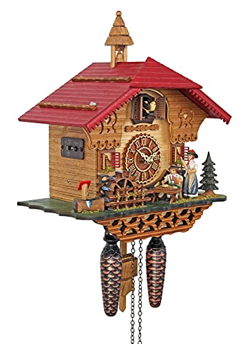 Trenkle Quartz Cuckoo Clock Black Forest House with Moving Black Forest Woman and Mill Wheel, with Music TU 4215 QM Trenkle