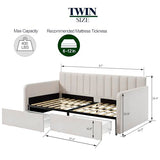 Twin Size Upholstered Daybed with 2 Drawers, Futon Sofa Bed with Storage, Ribbed Tufted Backrest Lavish Modern Design, Couch Bed Frame for Bedroom Living Room Guest Room Apartment,Beige Velvet GDFStudio