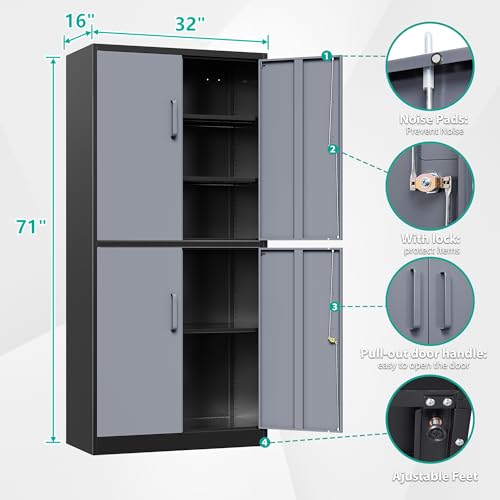 Metal Storage Cabinets With Doors And Shelves,71" Metal Garage Storage Cabinet with Lock,Metal Cabinet with Locking Doors,Steel Pantry Cabinet 4 Doors,Lockable Storage Cabinet for Garage,Home - WoodArtSupply