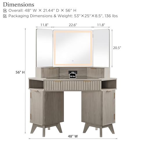 T4TREAM Fluted Makeup Vanity Desk with 3 Way Mirror and Lights, 48" Large Corner Vanity Table with Glass Top, Charging Station, 3 Drawers, Storage Cabinets & Shelves, for Bedroom, White Alder T4TREAM