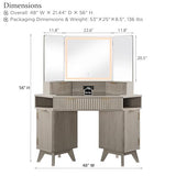 T4TREAM Fluted Makeup Vanity Desk with 3 Way Mirror and Lights, 48" Large Corner Vanity Table with Glass Top, Charging Station, 3 Drawers, Storage Cabinets & Shelves, for Bedroom, White Alder T4TREAM