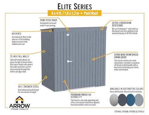 Arrow Shed Elite 6' x 4' Tall Outdoor Steel Storage Shed with High Gable and Lockable Doors Storage Building with Pent Roof, Anthracite Arrow