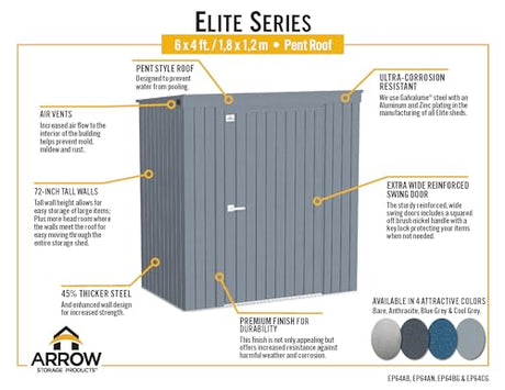 Arrow Shed Elite 6' x 4' Tall Outdoor Steel Storage Shed with High Gable and Lockable Doors Storage Building with Pent Roof, Anthracite Arrow