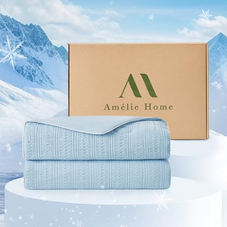 Amélie Home Waffle Cooling Comforter Queen Size, Q-Max 0.45 Reversible Lightweight Cooling Blanket for Hot Sleepers, Breathable Bedding for Night Sweats, 90"x90", Sky Blue Amélie Home