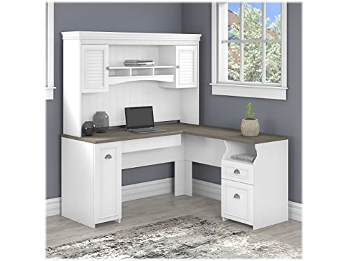 Bush Furniture Fairview L Shaped Desk with Hutch, Drawers and Storage Cabinet Corner Computer Table for Home Office with Pewter Accents, 60W, Shiplap Gray/Pure White - WoodArtSupply