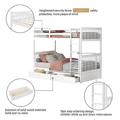 Merax Twin Over Twin Wood Bunk Bed with Storage Drawers in White - WoodArtSupply