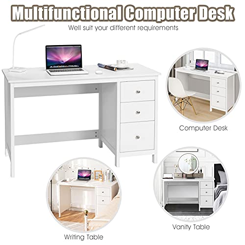 Tangkula White Desk with Drawers, Modern Home Office Computer Desk with Storage Drawers & Spacious Desktop, Compact Writing Study Desk Laptop Desk for Bedroom, Multipurpose Workstation - WoodArtSupply