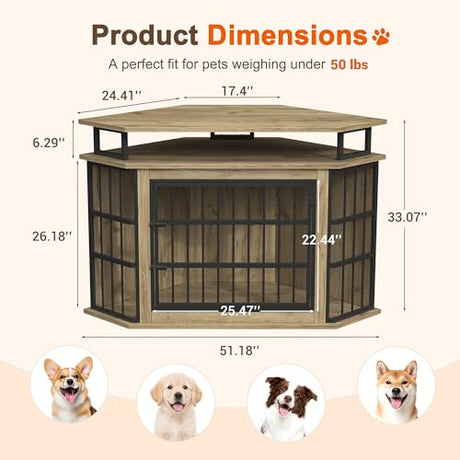 51" Corner Dog Crate Furniture, Wooden Dog Kennel Furniture with 2-Tier Shelves, Decorative Wood Dog House for Small/Medium/Large Dog, Space-Saving Dog Cage for TV Stand（Oak） VONZOY