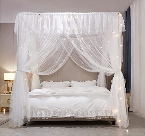 VETHIN 4 Corners Post Ruffle Princess Bed Canopy Curtain-Double Layer Cozy Drape Netting 4 Opening Mosquito Net for Girls Adults Bedroom Decoration (White/White, 53" W*78" L*82"*H/(Full))