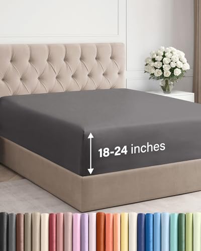 Extra Deep King Fitted Sheet - Hotel Luxury Single Fitted Sheet Only - Easily Fits 18 inch to 24 inch Mattress - Ultra Soft, Wrinkle & Fade Free w/Extra Deep Pockets - Breathable & Comfy - Dark Grey CGK Unlimited