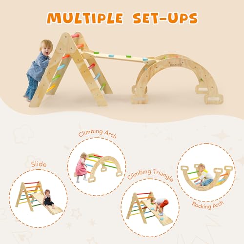 CoziBB Pikler Triangle Set, 5 in 1 Rainbow Baby Montessori Climbing Toys, Indoor Playground for Kids, Foldable Indoor Climbing Toys with Ramp, Arch Climber, Baby Climbing Toys for Toddlers 1-3