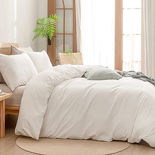 BESTOUCH Duvet Cover Set 100% Washed Cotton Linen Feel Super Soft Comfortable Chic Lightweight 3 PCs Home Bedding Set Solid Off White King BESTOUCH
